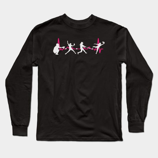 Girls Womens Softball Baseball Heartbeat Long Sleeve T-Shirt by Rosemarie Guieb Designs